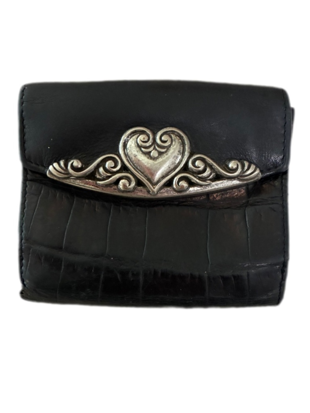 VINTAGE 90's BRIGHTON CROCODILE EMBOSSED BLACK LEATHER COMPACT WALLET